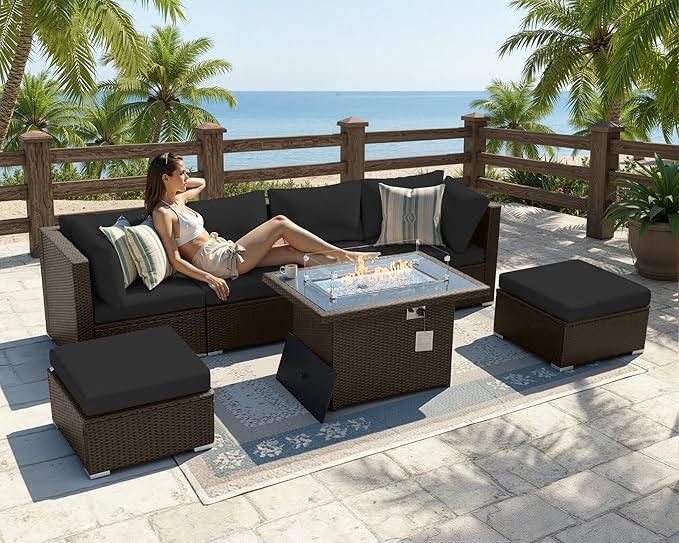 BULEXYARD 7 Pcs High Back Patio Furniture Set with Fire Pit Table Propane/Natural Gas Dual Fuel, Heavy Duty Outdoor Sectional Couch, Comfy Backyard Seating for Exterior, Brown Wicker & Black Cushion