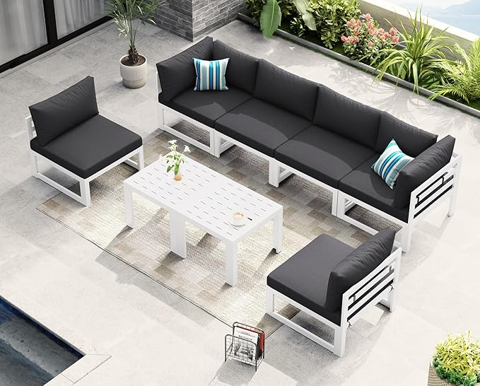 NICESOUL 8 Pcs Large Modern Aluminum Outdoor Sofa, 29" Deep Wide Seated, 500 lbs Durable L Shaped Sectional Set for Heavy People, Water Resistant Modular Patio Furniture Set for Backyard, Dark Gray