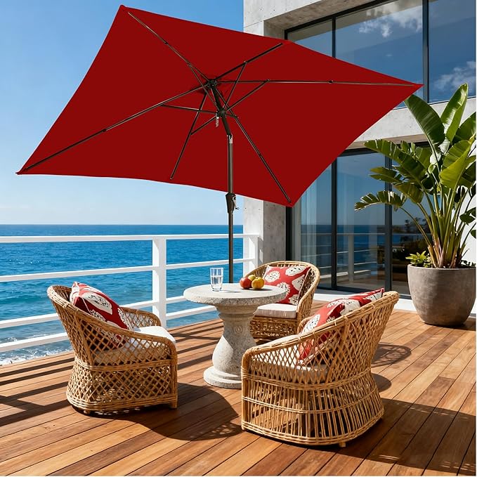6.5x10FT Rectangular Patio Umbrella with Push Button Tilt & Crank Lift for Garden,UV Protection Outdoor Umbrella for Deck,Pool and Yard,Red