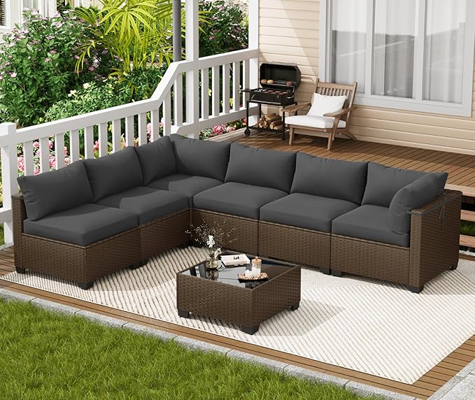 7 Piece Outdoor Patio Furniture Set, Rattan Chairs Glass Table Wicker Conversation Seating Sectional Sofa with Cushions (Brown-Dark Grey, 7Pcs-Straight Back)