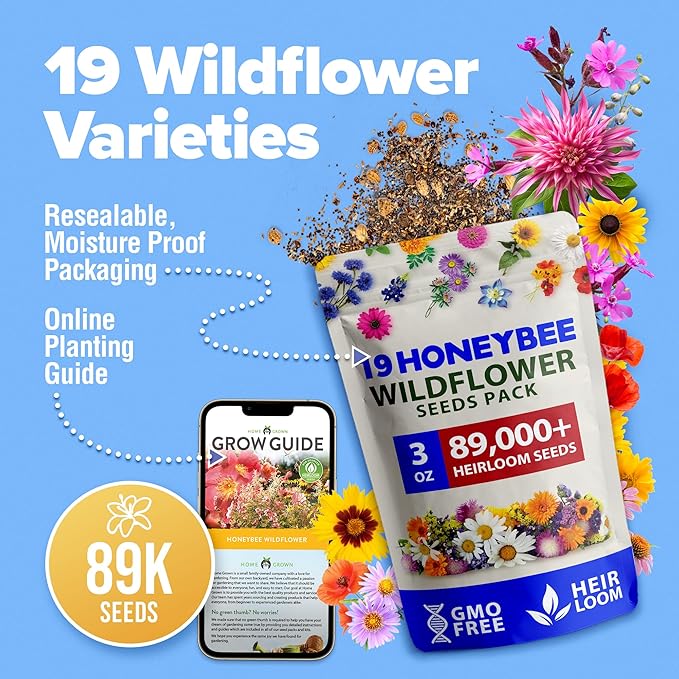 HOME GROWN Wildflower Seed Mix – 89,000+ Pure USA Flowers | No Filler Bulk Supply for Outdoor Planting | 19 Perennial & Annual Varieties | Butterfly Garden | 3 oz