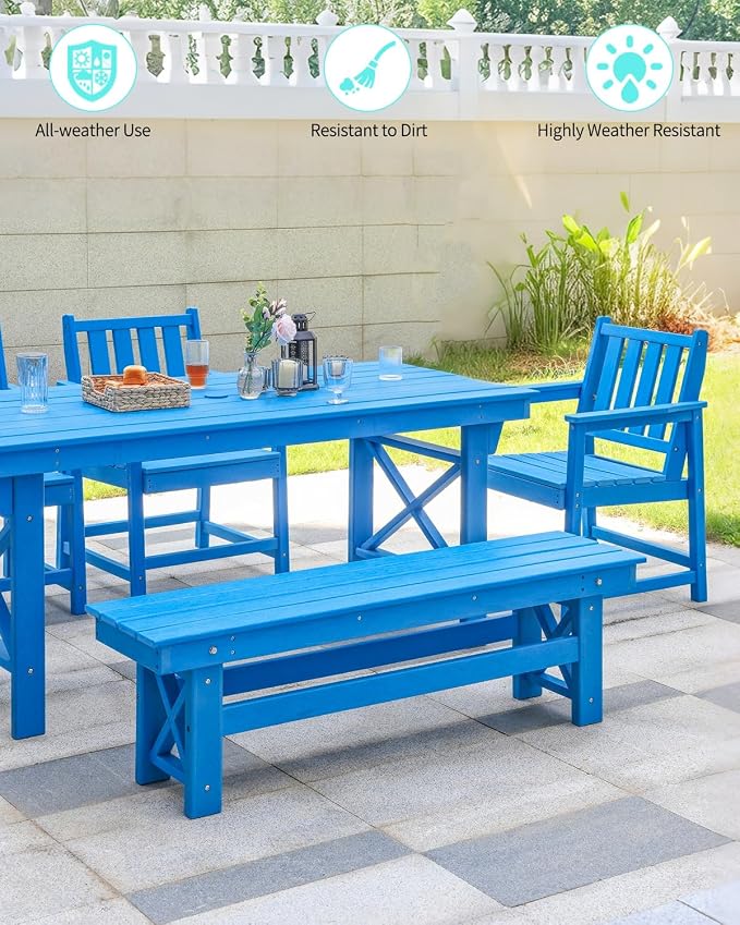 Outdoor HDPE Dining Table Set, 6-Piece Outdoor Patio Dining Sets with Umbrella Hole Table and 1 Bench and 4 Chairs for Backyard, Deck, Garden and Poolside, Blue