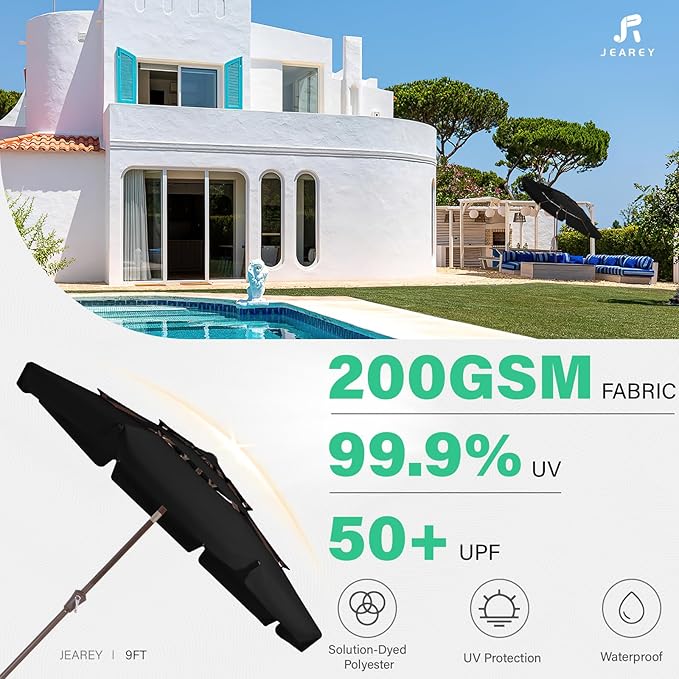 JEAREY 3 Tiers 9 FT Patio Umbrellas Outdoor Table Umbrella with Push Button Market Umbrella 8 Sturdy Ribs UV Protection Waterproof for Garden,Black