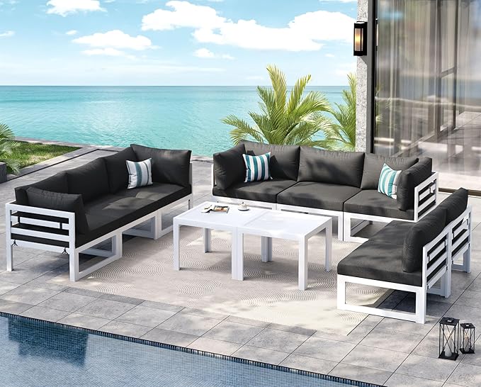 NICESOUL 10 Piece Oversized Modular Aluminum Outdoor Furniture Set with Coffee Table, 29" Deep Wide Sectional Seating, 500 lbs High Weight Capacity Patio Conversation Set for Garden Deck, Dark Gray