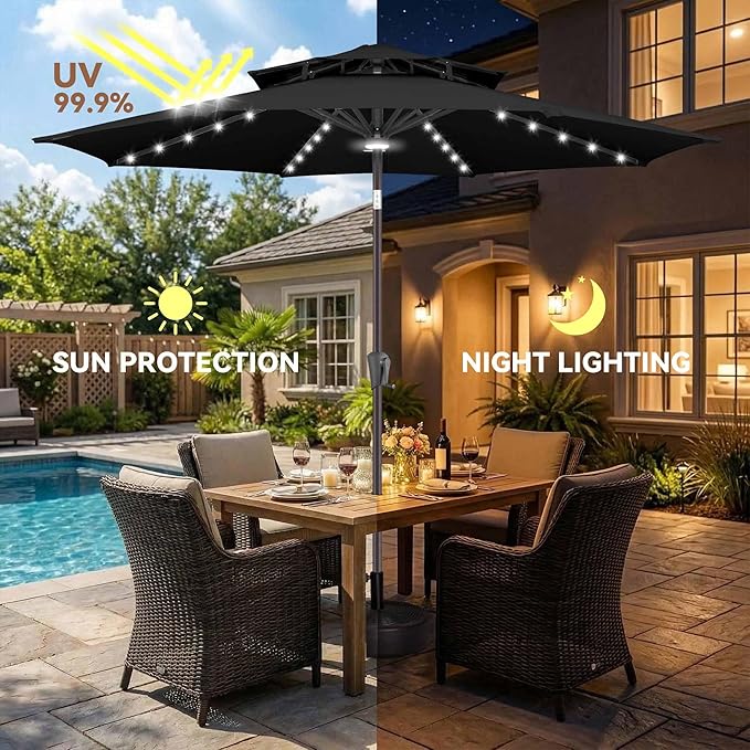 Jarka&Co 9ft Solar Patio Umbrella - 2 Tiers Solar Outdoor Umbrella with 40 LED Lights Waterprool UV Protection, Market Table Umbrella with Tilt for Backyard, Garden, Pool, Porch (Black)