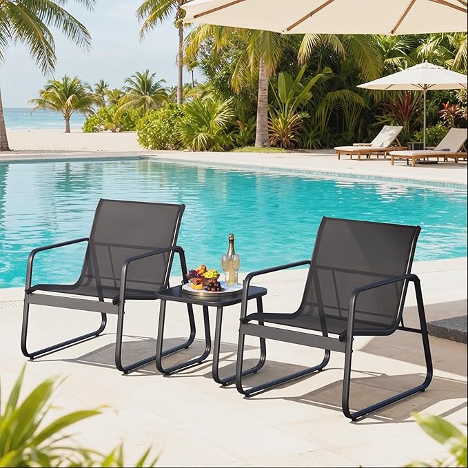 Gizoon Patio Chairs Set of 2, Patio Bistro Set 3PCS, Outdoor Patio Furniture Set with Rust-Resistant Metal Frame, 330LBS Capacity，for Balcony/Lawn/Patio/Pool, RCS Certified Recycled Material, Black