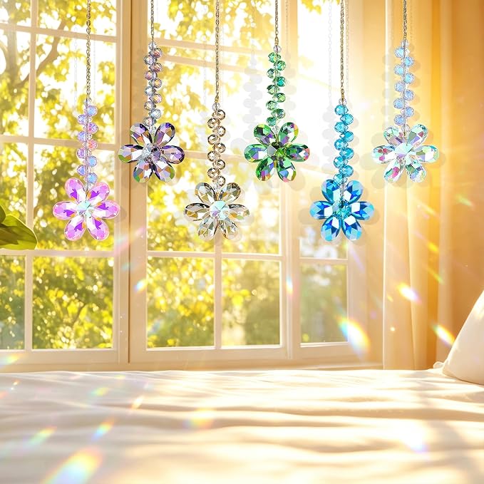 6pcs Crystal Flower Suncatchers Hanging Ornaments, Rainbow Maker Sun Catchers Indoor Window Outdoor Patio Garden Decor Gifts
