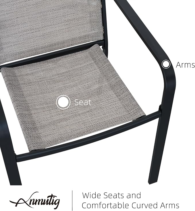 5 Piece Outdoor Dining Set with 40" Round Glass Table and Beige Grey Chairs | 4 Piece Stackable Chairs Textilene Seat and Back, Table and Chair with Metal Frame, Round Glass Table Top, 1.7" Umbrella Hole