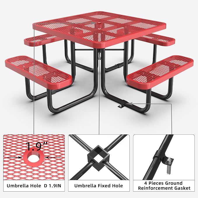 KEIKI 76.6" Heavy-Duty Steel Outdoor Picnic Table w/1.9" Umbrella Hole, Square Patio Dining Table for 4–8 People, Weather-Resistant Coated Metal Frame, Sturdy Thick Legs for Backyard, Park, Red