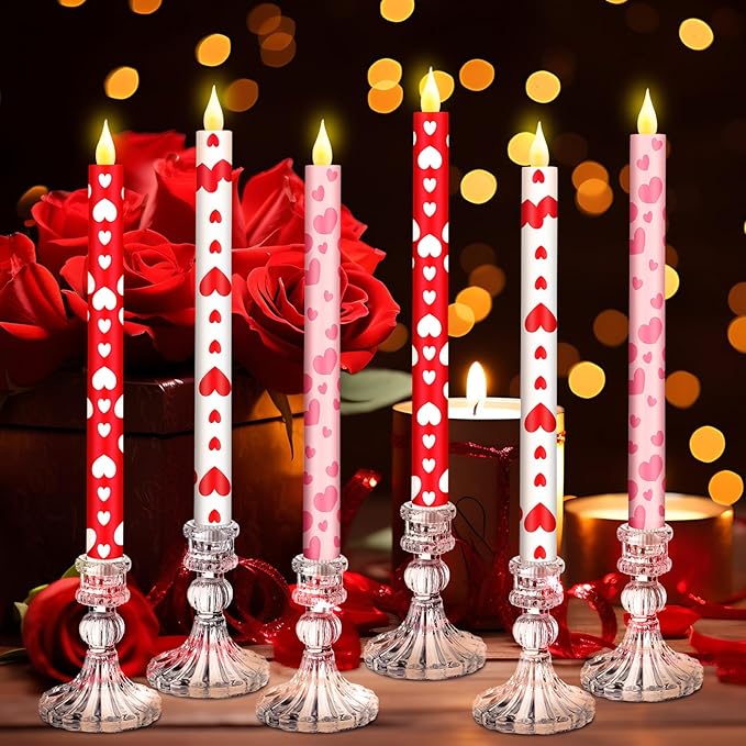 Honoson 6 Pcs Valentine Day Flameless Taper Candles 10.6 Inch Heart Shaped Candles Battery Operated LED Candlesticks for Valentine Wedding Anniversary Dinner Table Home Party Decor