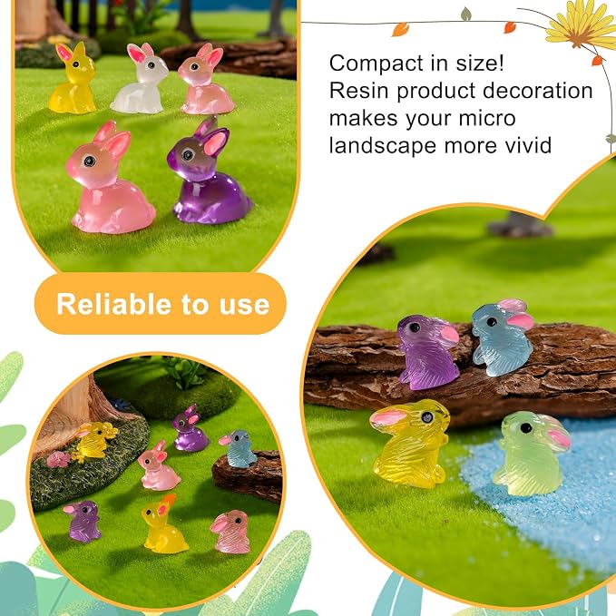 60 pcs Easter Mini Bunnies Luminous Small Rabbit Figures Miniature Little Small Animal Figurines Bulk for Micro Fairy Garden Landscape Accessories Hide Crafts Decor Aquarium