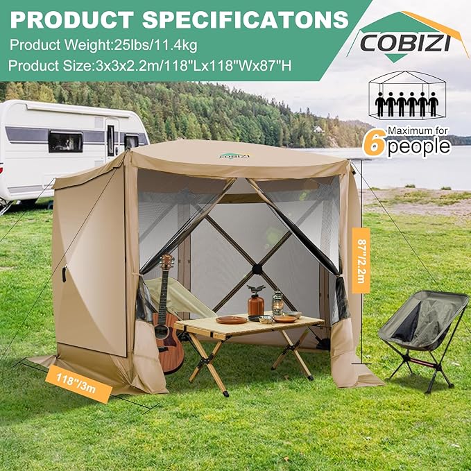 COBIZI 10x10 FT Pop up Gazebo, Popup Canopy tent,Screened In Gazebos with sidewalls, Waterproof Portable Outdoor Small Screen tents Sun Shelter,carpas para patio for Camping, Garden and Backyard,Khaki