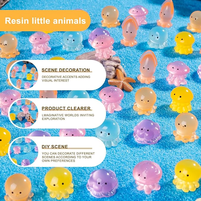 60 PCS 6 Styles Glow in Dark Mini Resin Octopus Figurines, Assorted Luminous Ocean Creature Miniature Dollhouse Accessories, Bulk Tiny Marine Ornaments for Fairy Garden DIY Aquarium Decor