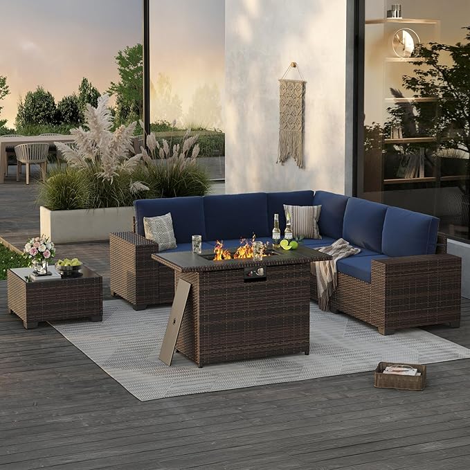 Soohow 7-Piece Patio Furniture Set with 44" Fire Pit Table, Outdoor Sectional Wicker Rattan Conversation Set for Garden, Porch, Backyard - Navy Blue Cushions