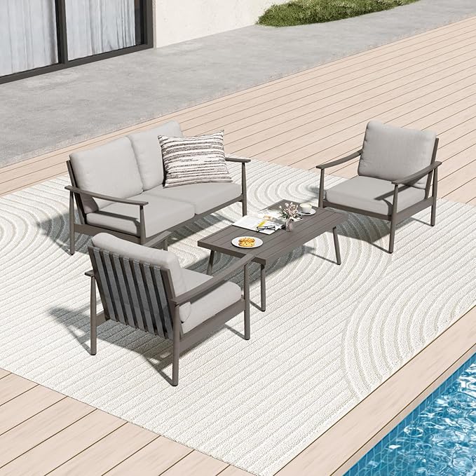 4 Pieces Patio Furniture Set, Aluminum Outdoor Patio Furniture Sets, 2 Armchairs and Loveseat with Thick Cushion, Patio Conversation Set for Backyard Deck Poolside, Greige & Grey