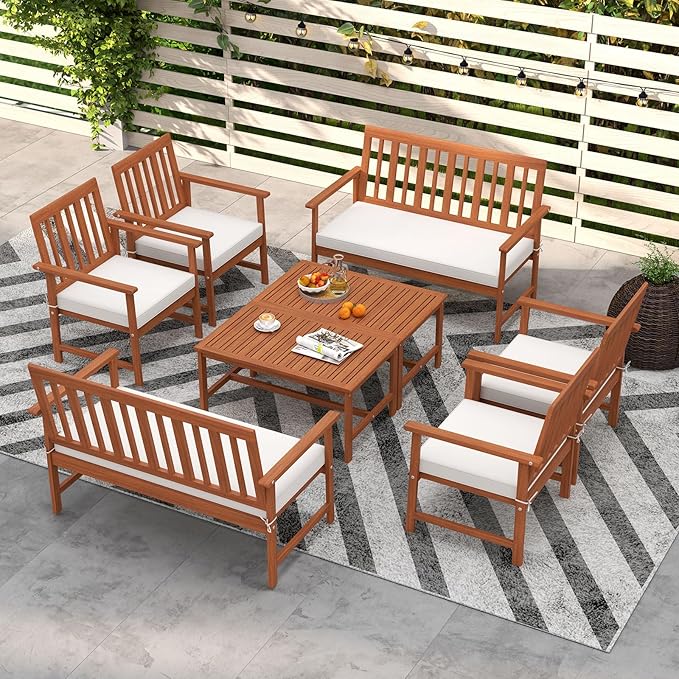 HAPPYGRILL 8 Pieces Acacia Wood Furniture Set, Patio Conversation Set w/Seat Cushions & Robust Wood Frame, Outdoor Loveseat Sofa, 4 Armchairs & 2 Coffee Table Set for Backyard, Porch, Poolside (2)