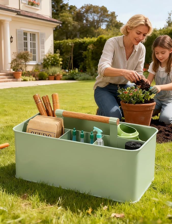 Garden Tool Organizer with Wooden Handle, Metal Garden Caddy with 4 Compartments, Gardening Tool Basket Cleaning Organizer Caddy for Indoor & Outdoor