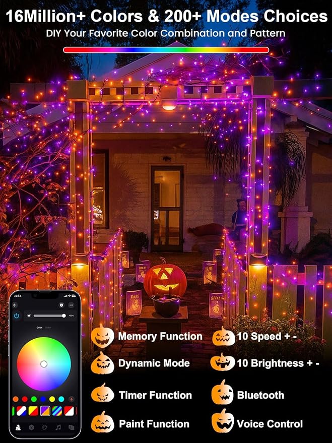 600 LED Smart Color Changing Fall String Lights APP & Remote for Halloween | 197 FT Halloween Twinkle Lights IP44 Waterproof, Timer, Music Sync, Multiple Colors & Modes Outdoor Christmas Fall Decoration