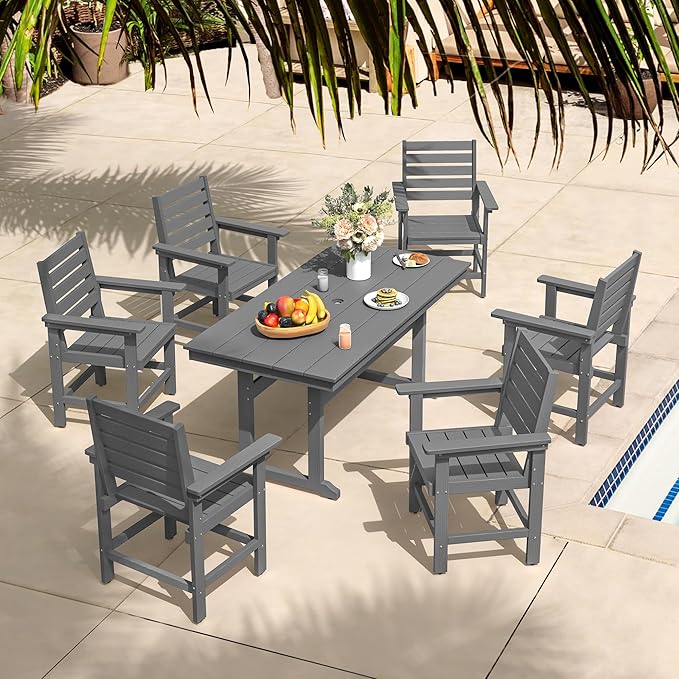 Rectangle Outdoor Dining Tables for 6, HDPS Weather Resistant Patio Dining Table, 66" Outdoor Tables with 1.96" Umbrella Hole for Porch, Balcony, Backyard, Grey