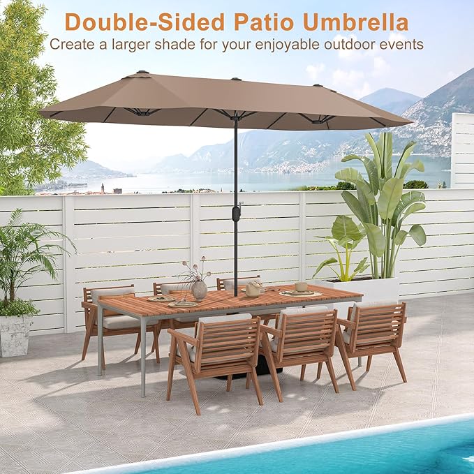 Giantex Patio Umbrella with Base, Double-Sided Outdoor Umbrella with Crank Handle, Umbrella Base Stand with 2 Sandbags, 12 Metal Ribs, Market Umbrellas for Garden Poolside Deck