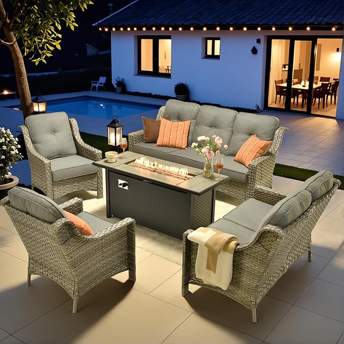 HOOOWOOO Patio Furniture Set,5 Pieces Wicker Outdoor Furniture,High Back Conversation Set with All Weather Resistant Fire Pit Table Couch Loveseat Chairs,Dark Gray