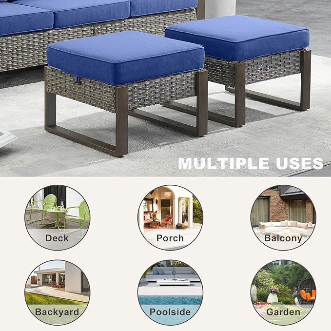 Rilyson Outdoor Ottoman Wicker Patio Footrest - 2 Piece Wicker Footrest Footstools Set with Sturdy Frame,All-Weather PE Wicker, Thick Cushions for Deck Porch Garden(Mixed Grey/Blue)