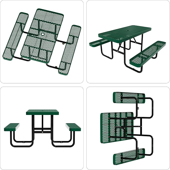 Picnic Tables for Outdoors,Commercial Metal Picnic Table Bench Set with Umbrella Hole,School Canteen Tables W/Seats - Heavy Duty Sturdy Picnic Tables Furniture for Patio Garden (Green, 4FT)