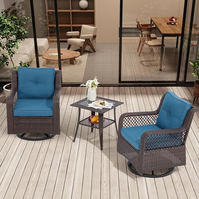3 Pieces Patio Swivel Chairs, Wicker Patio Conversation Sets with Rocking Chair, Side Table for Outdoor Garden Porch Backyard(Blue)