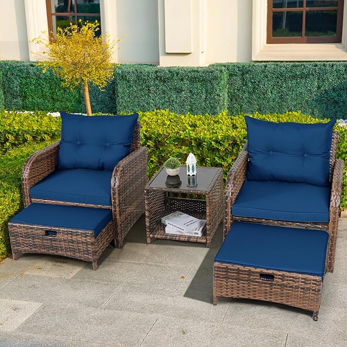 5 Piece Outdoor Patio Chair with Ottomans and Table PE Wicker Rattan Patio Conversation Furniture Set Space Saving Design Wicker Outdoor Chairs Set for Front Porch (Blue Cushion Brown Rattan)