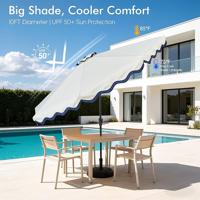 Weaxty 10FT Patio Umbrella, Trendy Color Scalloped Edge, UV-Resistant Canopy Outdoor Table Market Umbrella, Tilt Adjustment, Crank, Heavy-duty 8 Ribs for Backyard Poolside Deck Beach Lawn Backyard