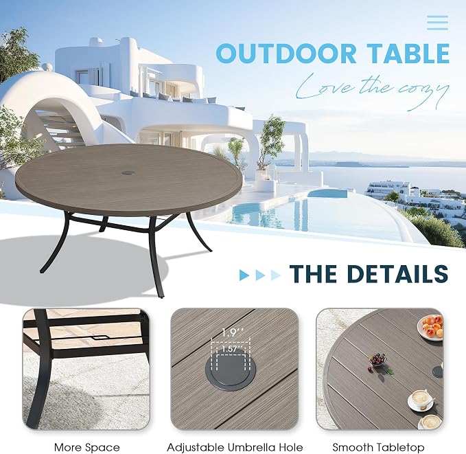Patio Dining Table for 8-10, Round Metal Outdoor Table with 1.57" Umbrella Hole, 63" Outdoor Slat Tabletop Dining Table for Backyard, Porch, Lawn, Grey