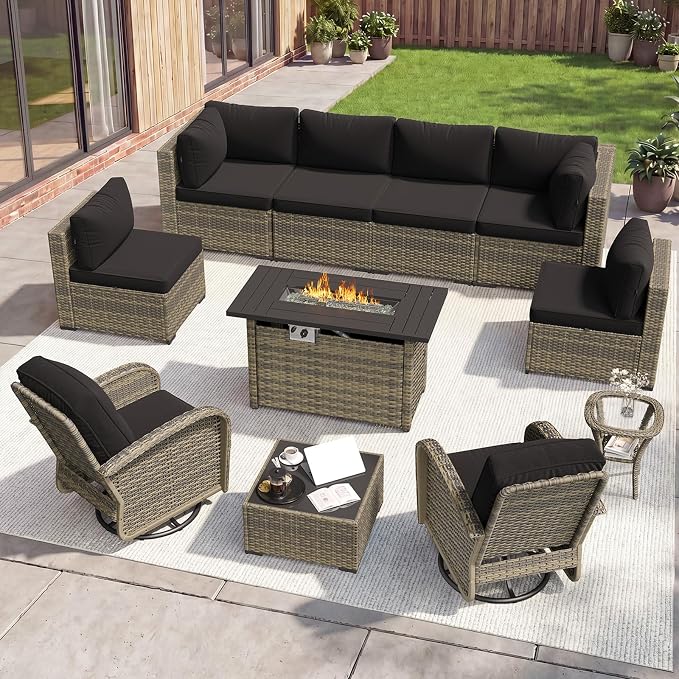 Aoxun 11 Piece Outdoor Patio Furniture Set with 44'' Fire Pit Table, Wicker Rattan Outdoor Furniture with High Back Swivel Rocker Chairs, Outdoor Sofa Set with Thick Cushion & Side Table, Black