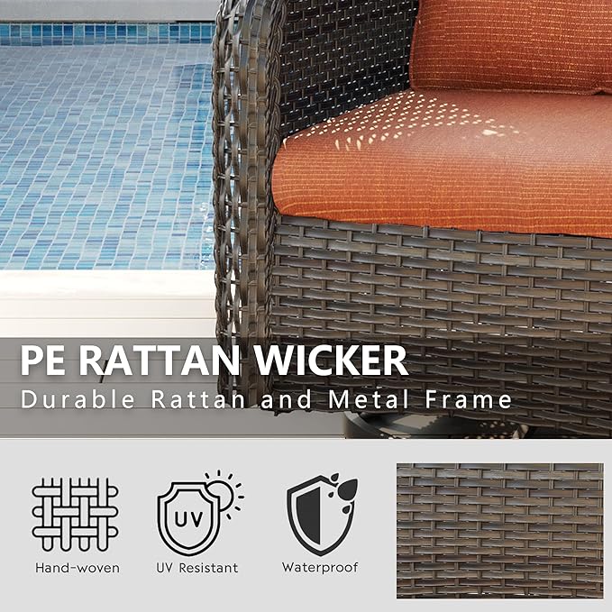 Outdoor Swivel Rocker Patio Chairs Set of 4 with 2 Matching Side Tables - 6 Pieces Patio Wicker Conversation Set with Premium & Soft Fabric Cushions(Mixed Grey/Orange