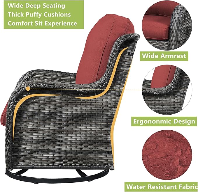Rilyson Wicker Rocking Chair Swivel Chairs – 6 Piece Rocker Patio Furniture Set Rattan Rocking Bistro Sets with Glass Top Side Table for Outdoor Porch Deck Garden Backyard(Mixed Grey/Red)