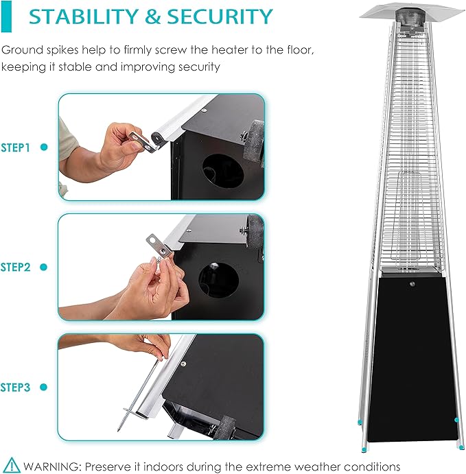 Nuu Garden 48,000 BTU Outdoor Pyramid Propane Patio Heater with Glass Tube, Removable Iron Heater with Wheels for Backyard, Garden, Porch, Patio, Black