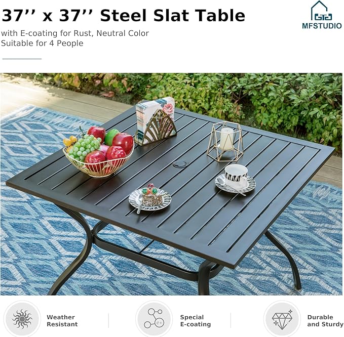 MFSTUDIO 5 Pieces Patio Dining Set, Patio Table and Chairs for 4, Outdoor Rattan Dining Furniture, Outdoor Square Dining Table with Wicker Chairs, Deck, Backyard