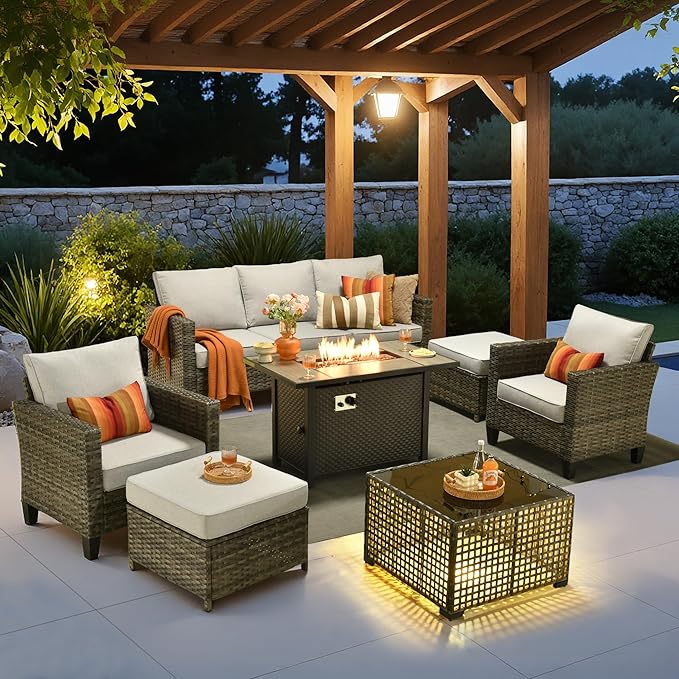7 Piece Wicker Patio Furniture Set with Firepit Table, Gray | Outdoor Deep Seating Sofa Chair Ottoman, Firepit, Solar Lights Table, Modern Conversation Set, Porch Deck Backyard