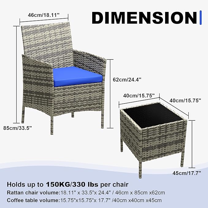 3 Piece Patio Furniture Set, Outdoor Patio Wicker Sofa Set with Upholstery and Glass Storage Coffee Table, All Weather Conversation Rattan Set for Garden, Porch, Lawn, Pool