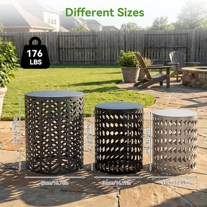 EVLIQUIL Outdoor Side Table Set of 3 | Decorative Metal End Table Stools, Stackable Patio Coffee Tables for Balcony, Garden, Indoor Living Room