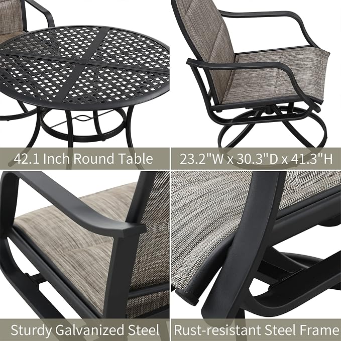 Patio Dining Set 5 Pieces Outdoor Furniture Sets Swivel Rocker Chairs Metal Round Table with All Weather Frame (5Pcs, Grey)