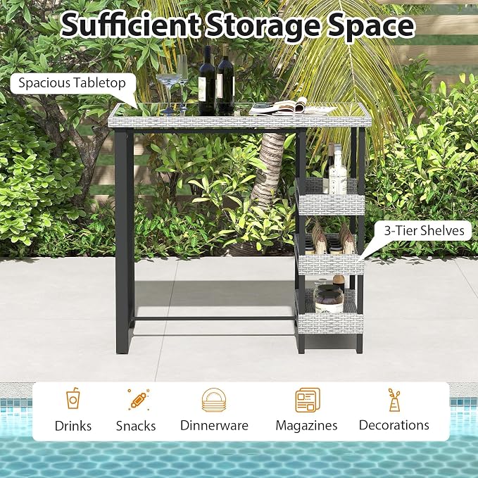 Tangkula 43.5” Outdoor Bar Table, Wicker Bar Height Dining Table w/Tempered Glass Top & 3 Rattan Shelves, Patio Metal Furniture w/Storage for Backyard, Poolside, Porch (Mix Gray)