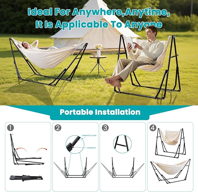 Hammock with Portable Steel Stand and Carrying Bag for Outside,Easy Set Up for Outdoor,Indoor,Backyard,Patio,Camping,Garden,Trip (White)
