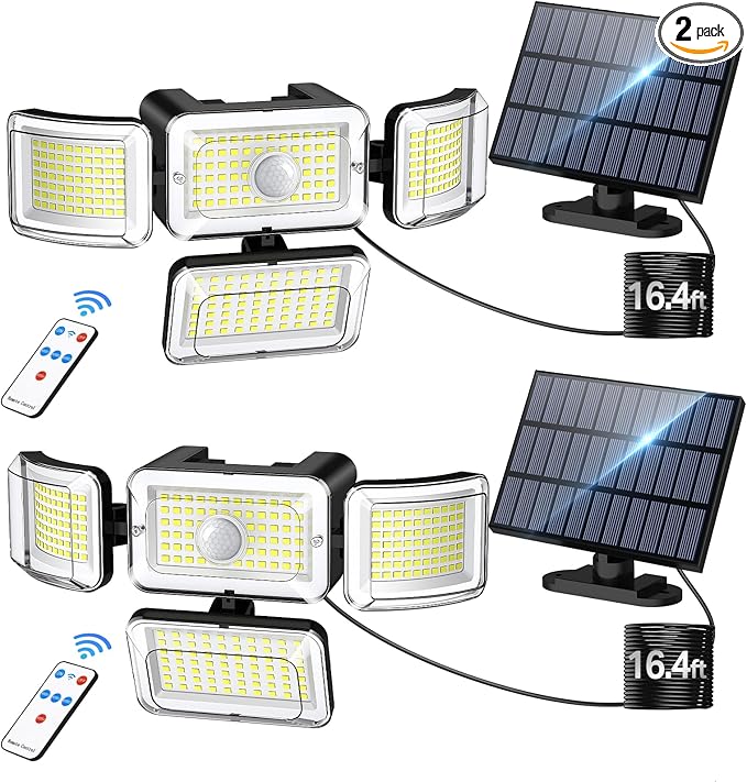 CLAONER Solar Outdoor Lights Motion Sensor 3500LM 288 LED Solar Security Lights with Remote Control IP67 Waterproof 4 Heads Solar Flood Lights with 16.4ft Cable 4 Modes Wall Lights(2 Pack)