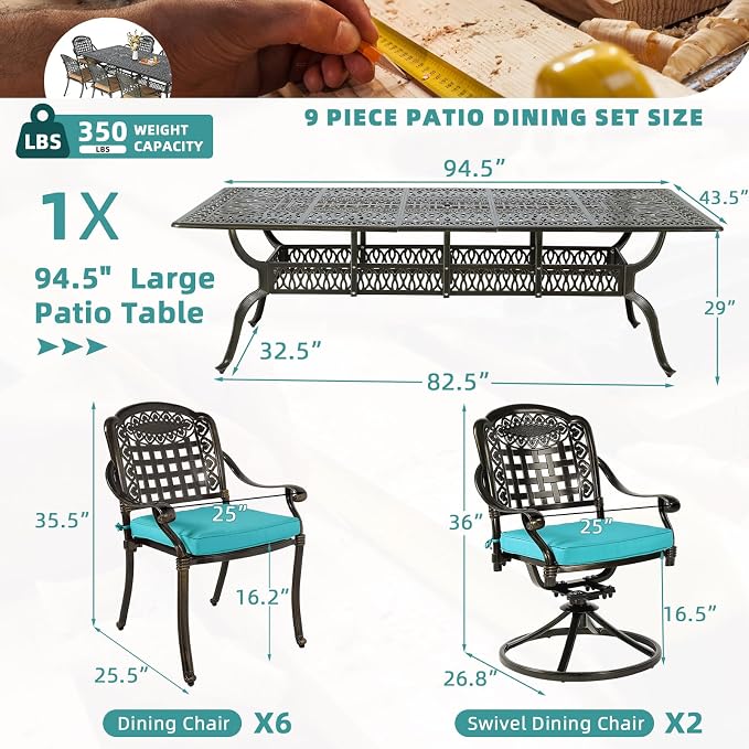 MEETWARM 9-Piece Outdoor Patio Dining Set for 8, All Weather Cast Aluminum Patio Funiture Table and Chairs Set- 94.5” Rectangular Table and 2 Swivel Rocker Chairs, 6 Stationary for Garden, Ocean Blue
