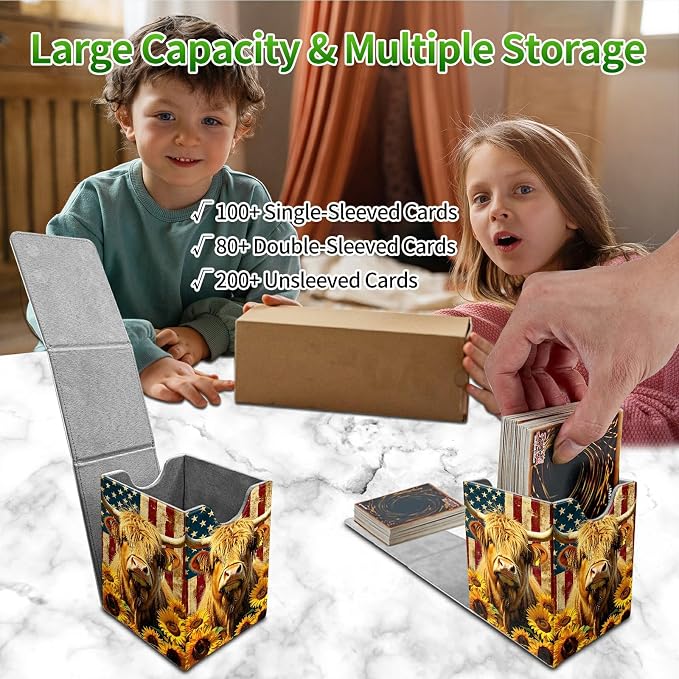 Yellow Cow Sunflower Card Deck Box for MTG, Personalized Card Storage Case Fits 120+ Sleeved Cards, Premium Leather TCG Box with Strong Magnetic Closure for Magic, CCG, PTCG, Baseball Cards