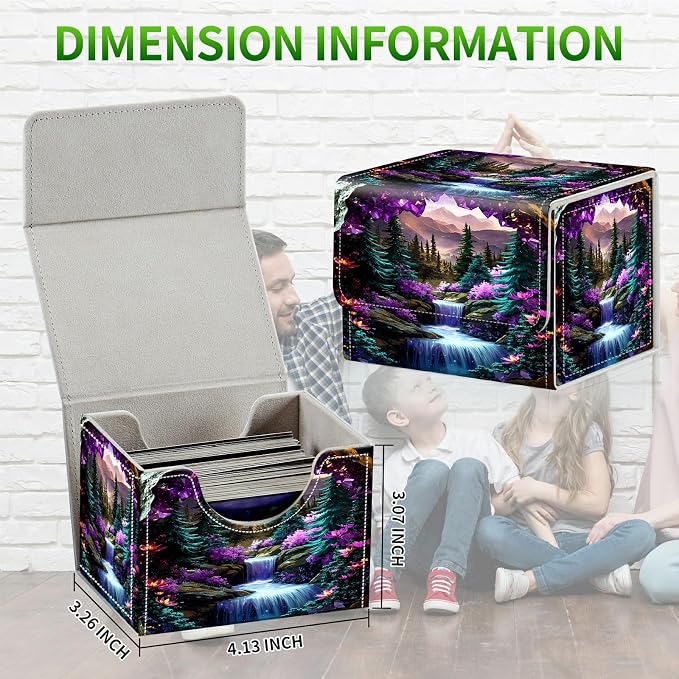 Card Deck Box for MTG, Cards Storage Box Fits 120+ Sleeved, Leather Small Size Strong Magnetic Closing Card Case for Board Games Magic TCG CCG Baseball Collection, Purple Mountains