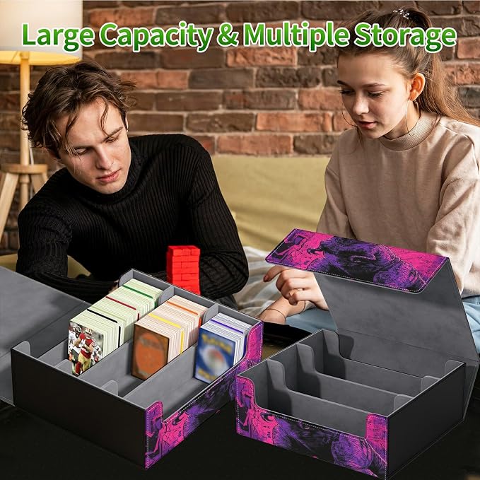 Large Card Deck Box for MTG, Fits 1200+ Sleeved Cards, PU Leather Storage Case with Strong Magnetic Closure, Multiple Colors Available for TCG CCG Baseball Card Collections, Pink Dinosaur