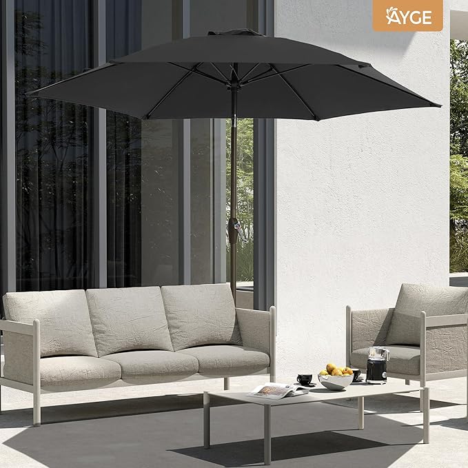 Ayge 7.5FT Large Outdoor Patio Umbrella Market Table Umbrella-UV Resistant, Easy Push Button Tilt and Crank, 6 Sturdy Fiberglass Ribs Heavy-Duty Pool Umbrella for Deck, Backyard,Garden, Yard,Black