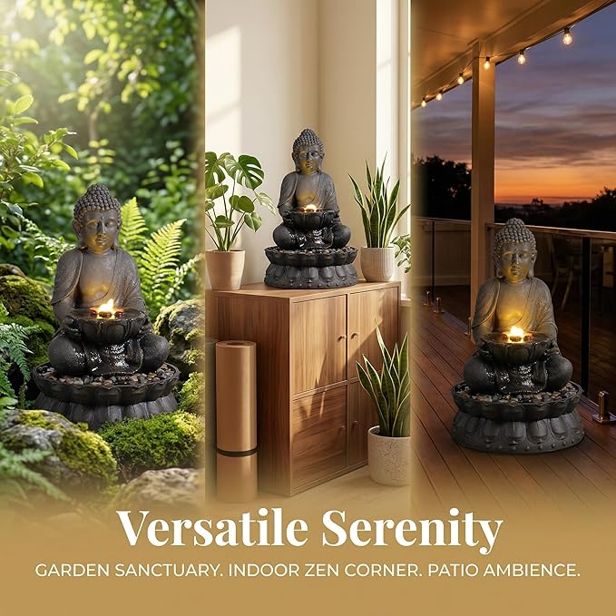 21.6 Inch Buddha Outdoor Freestanding Fountain, Water Fountain with LED Lights, Indoor Outdoor Decorative Resin Waterfall Feature for Patio, Backyard, Porch & Home Decor, Dark Bronze
