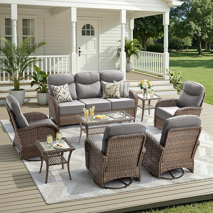 8 Pieces Luxury Outdoor Patio Furniture Set with 6-Inch Thick Cushions, Wicker Outdoor Furniture with High Back Swivel Patio Chairs Set of 4, Patio Conversation Set for Deck Garden Porch, Gray
